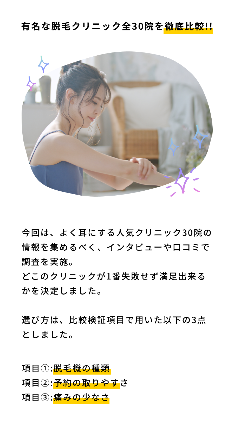 有名な脱毛クリニック全30院を徹底比較!!項目①脱毛機の種類項目②かかる総額③予約がとりやすいか④痛みの少なさ